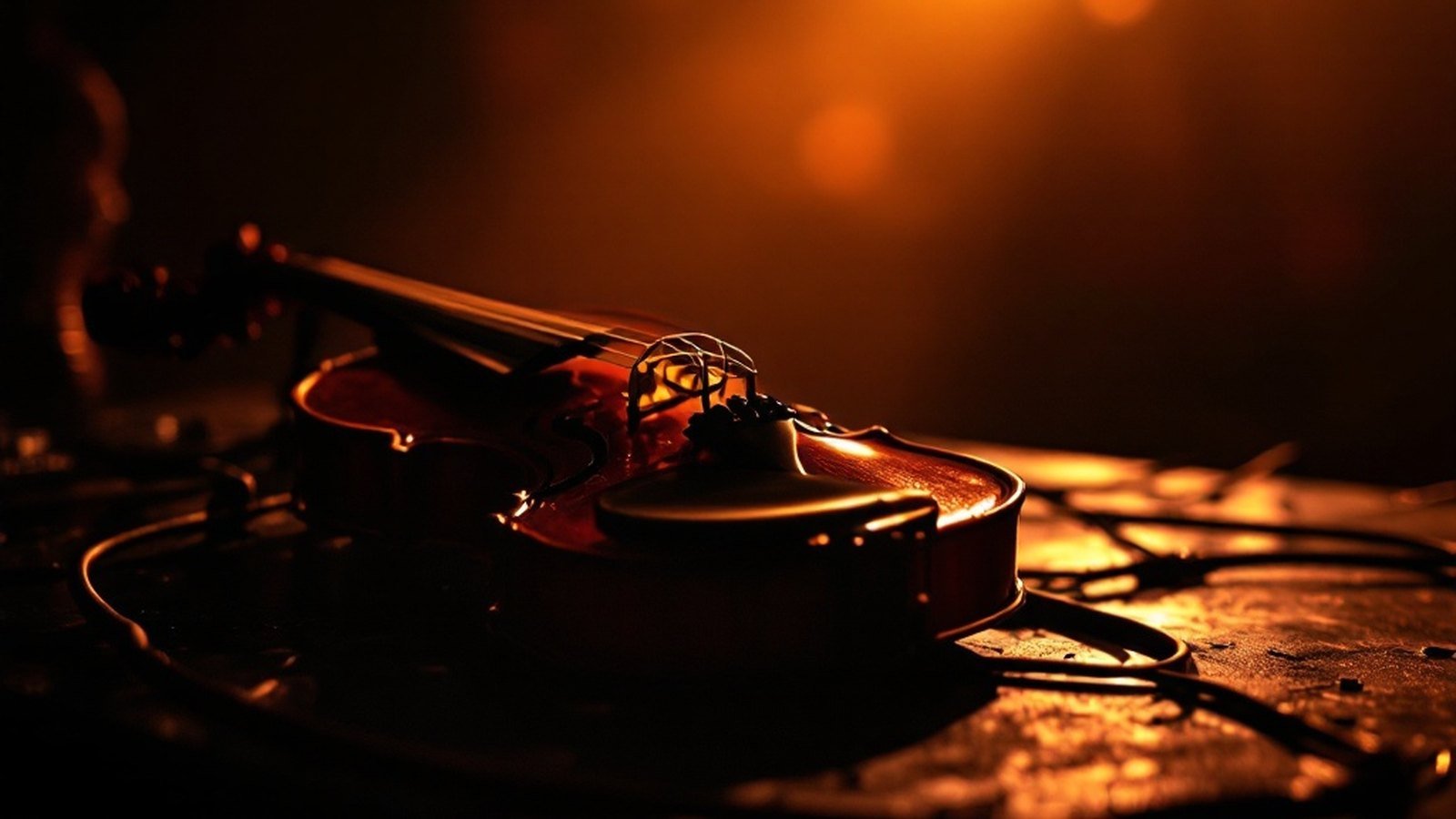 Close-up of an electric violin resting under warm amber stage light, effects pedals softly out of focus