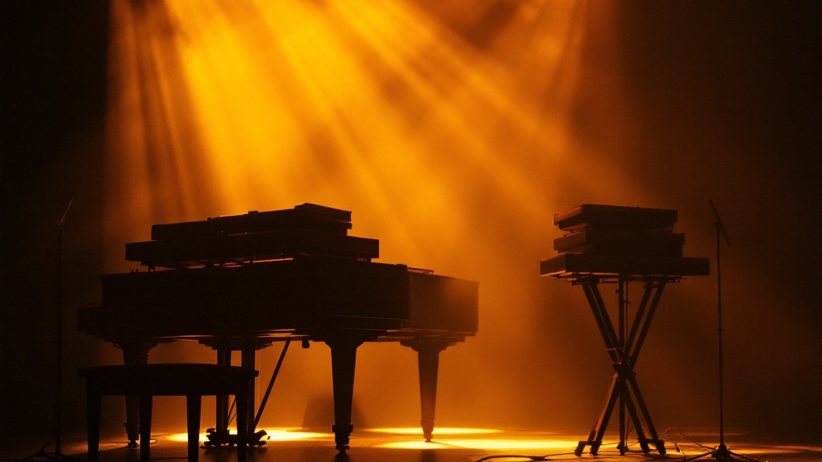 A grand piano and stacked keyboards under low amber stage light — no person present