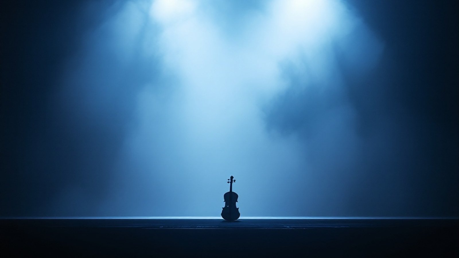 Cold blue-white haze washing over a bare stage, a lone violin bow resting in the light