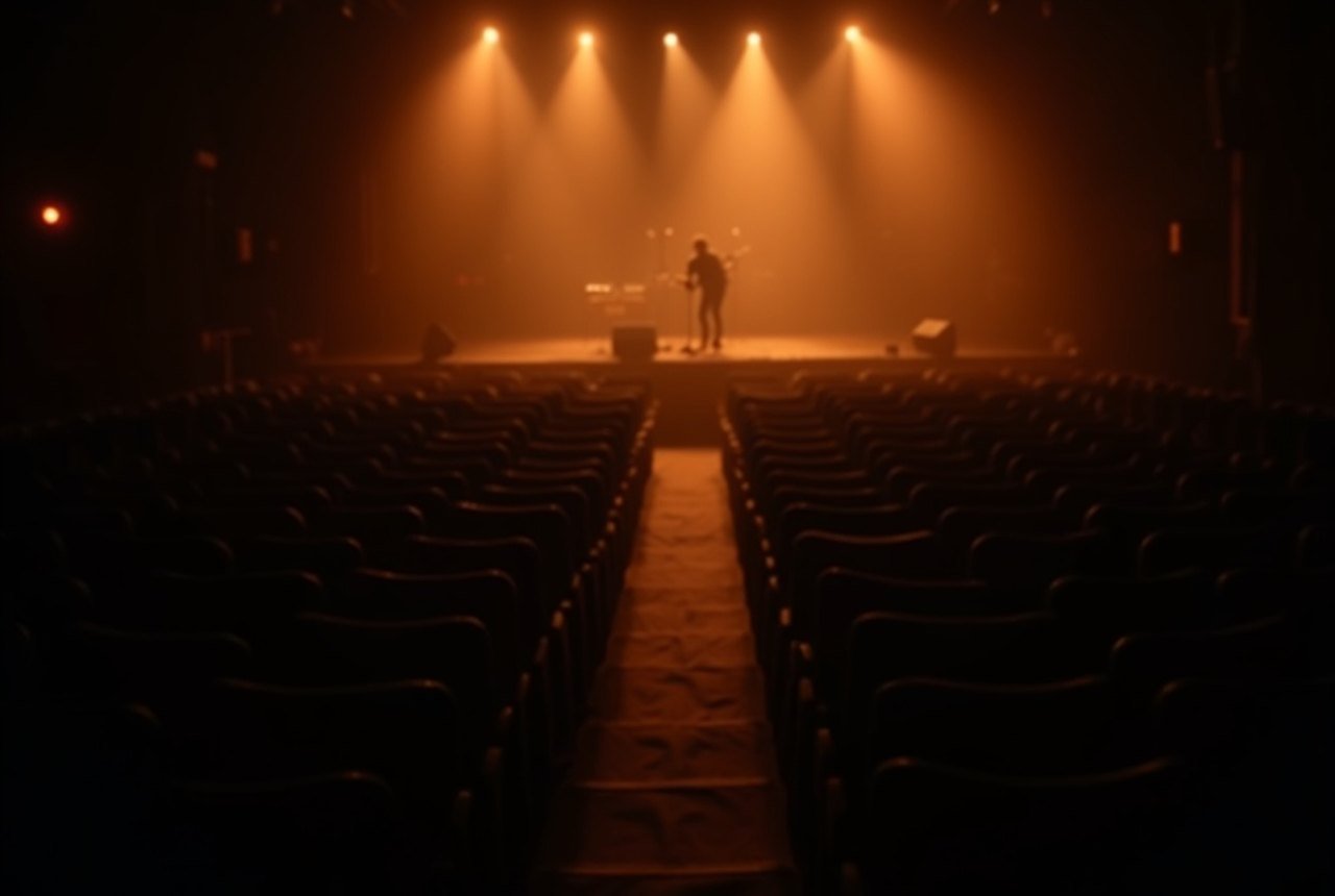 Rows of empty theatre seats in the dark, the stage glowing faintly amber beyond them