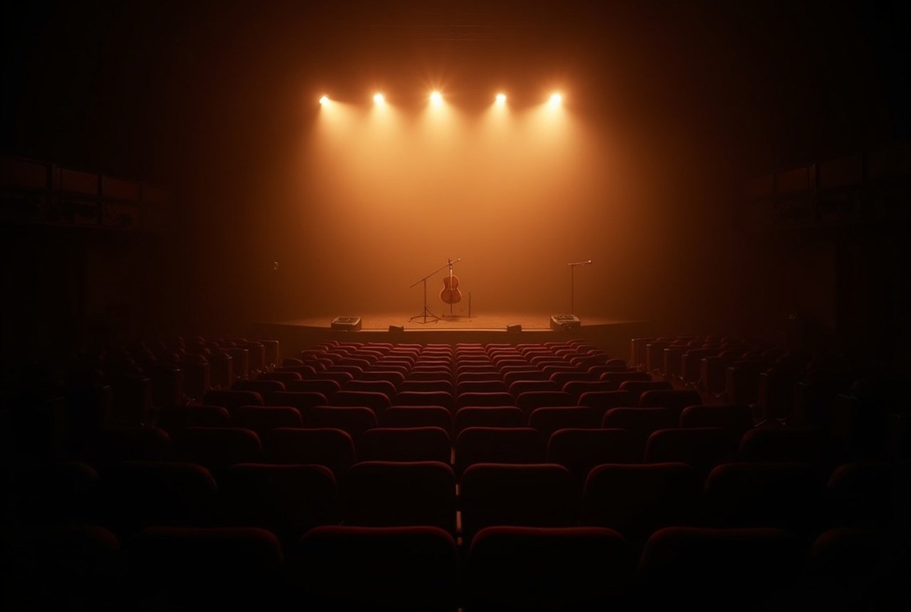 Rows of empty theatre seats in the dark, the stage glowing faintly amber beyond them