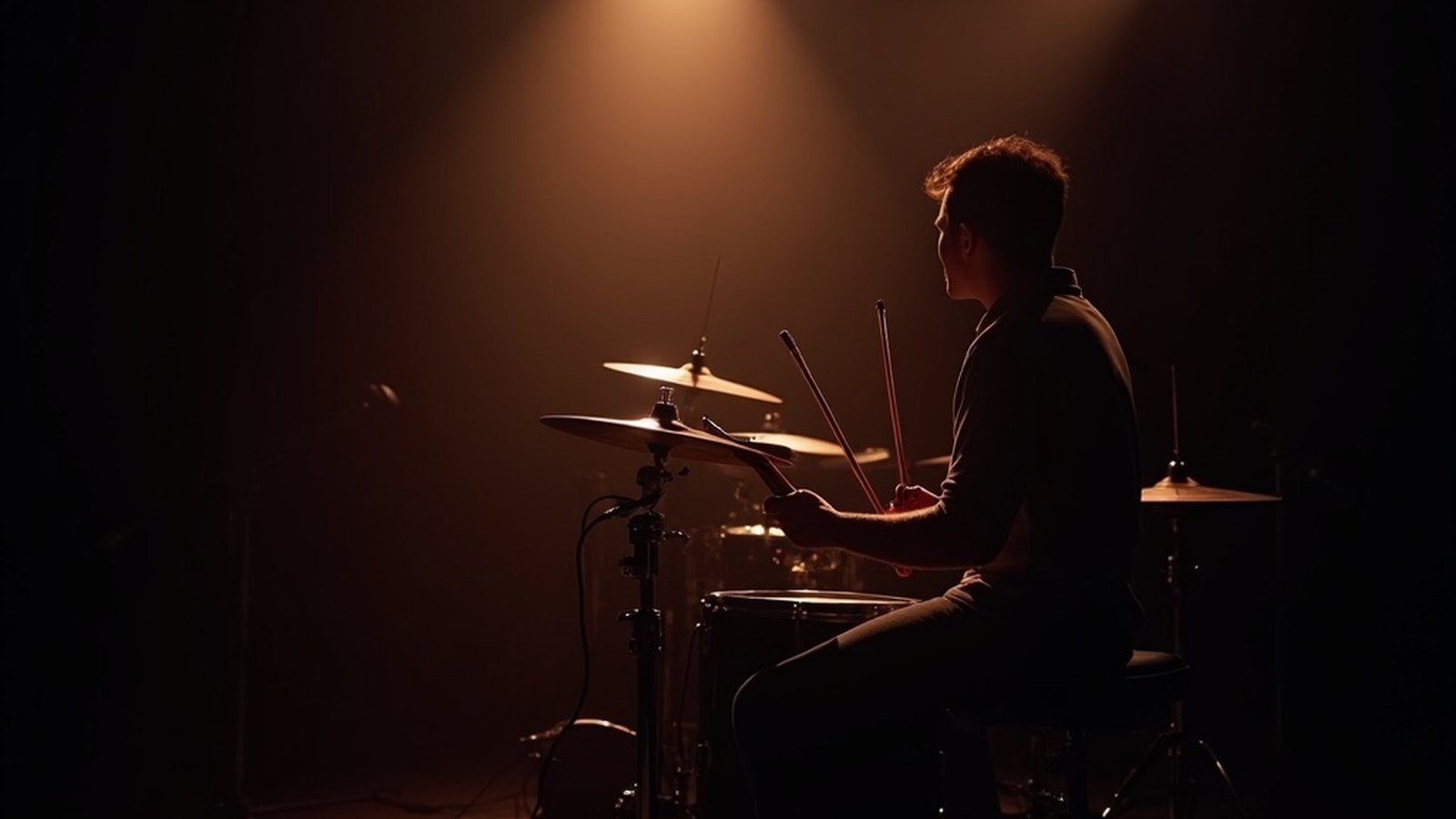 A drum kit lit from the side on a dark stage, cymbals catching a warm glint — no person present