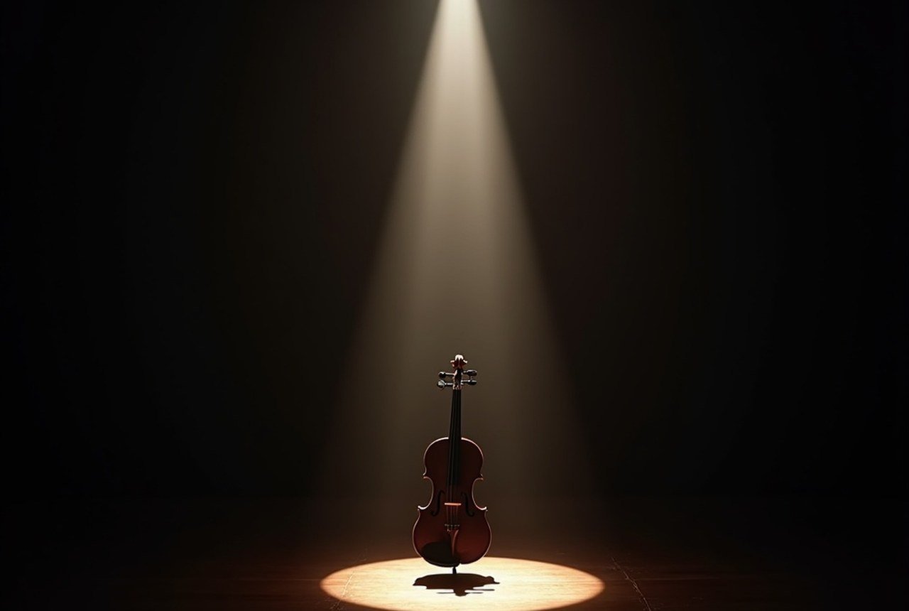 A single instrument lit under a narrow spotlight on a dark stage