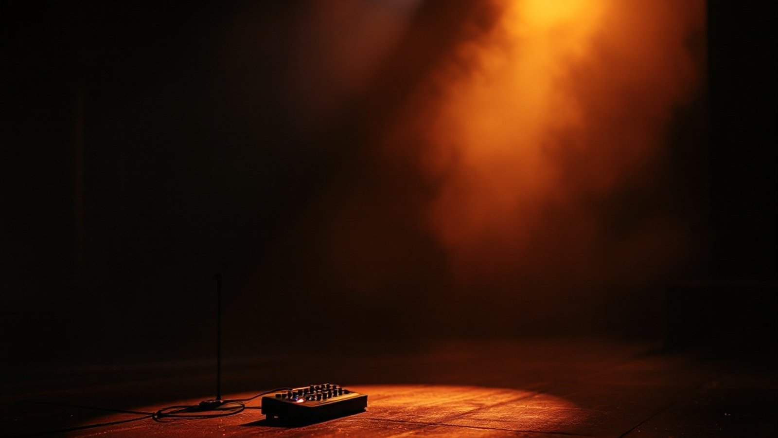 A darkened club stage with a loop pedal glowing and a microphone standing in a pool of amber light