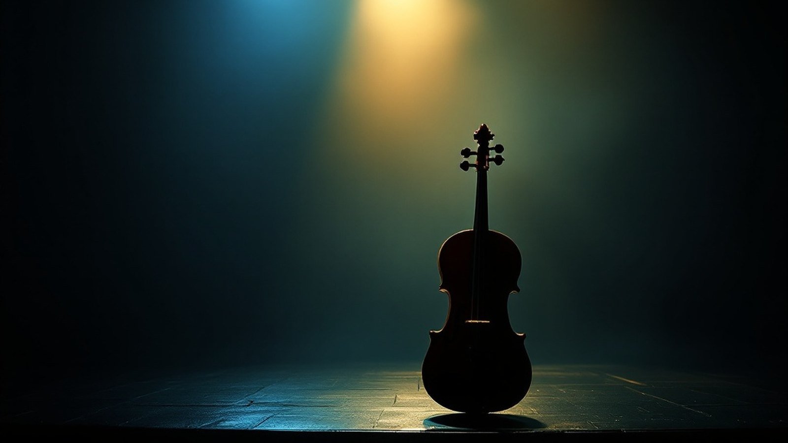An electric violin standing in a warm spotlight on a dark, hazy stage