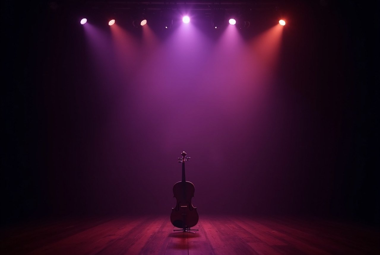 A darkened stage with soft violet and amber light pooling on empty floorboards