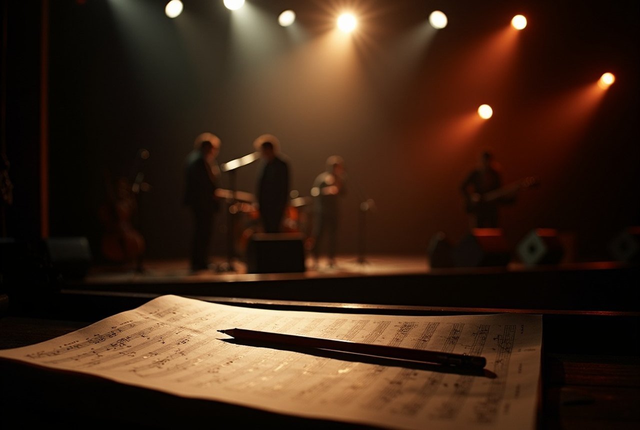Sheet music and a pencil on a piano's music desk in warm lamp light