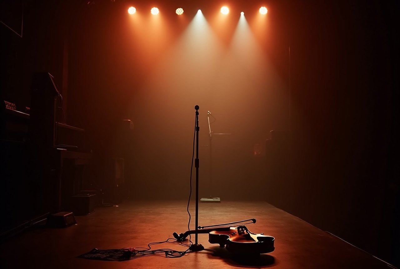 A small club stage bathed in warm light, cables and a set list taped to the floor