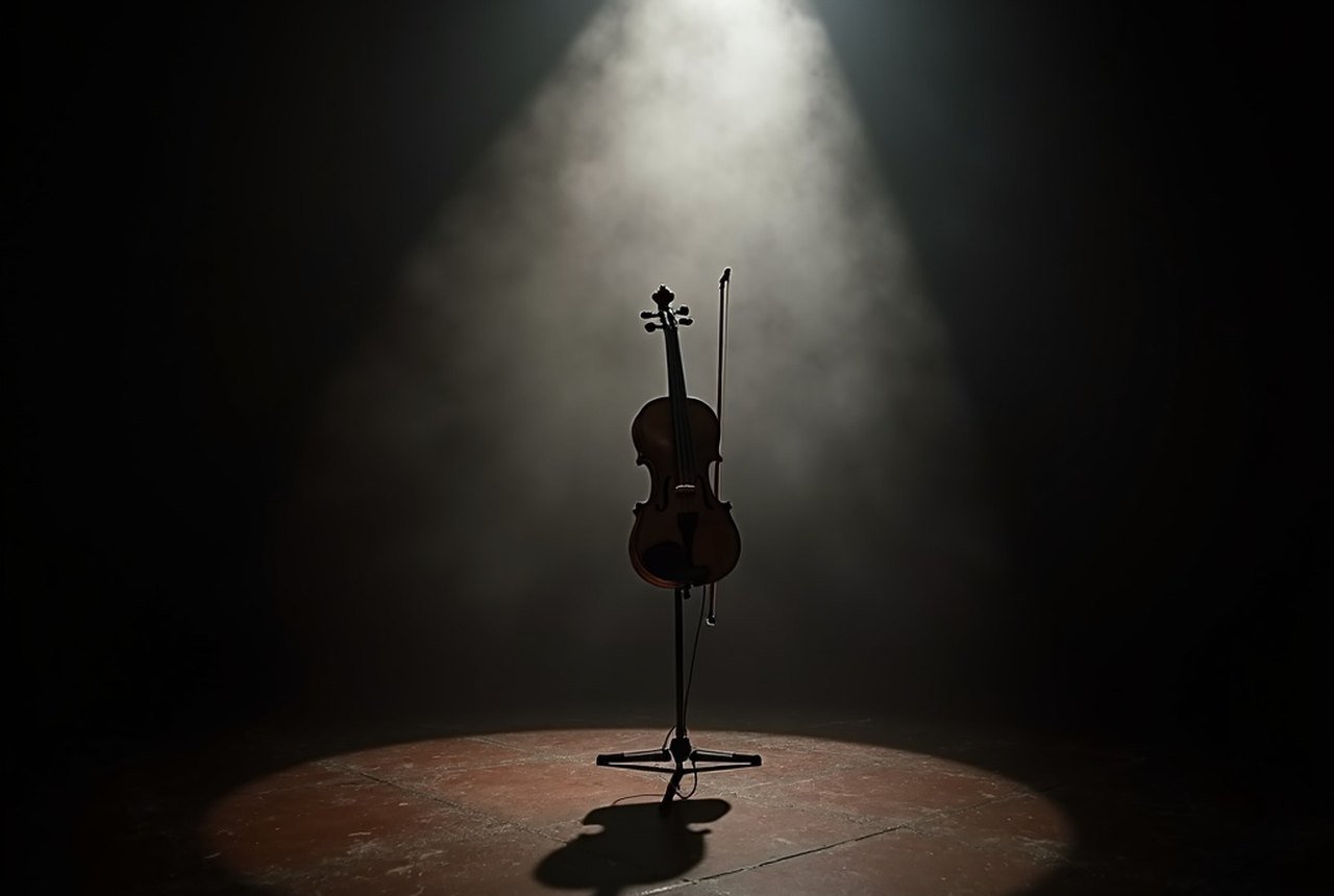 An electric violin on a stand in a spotlight, no person present
