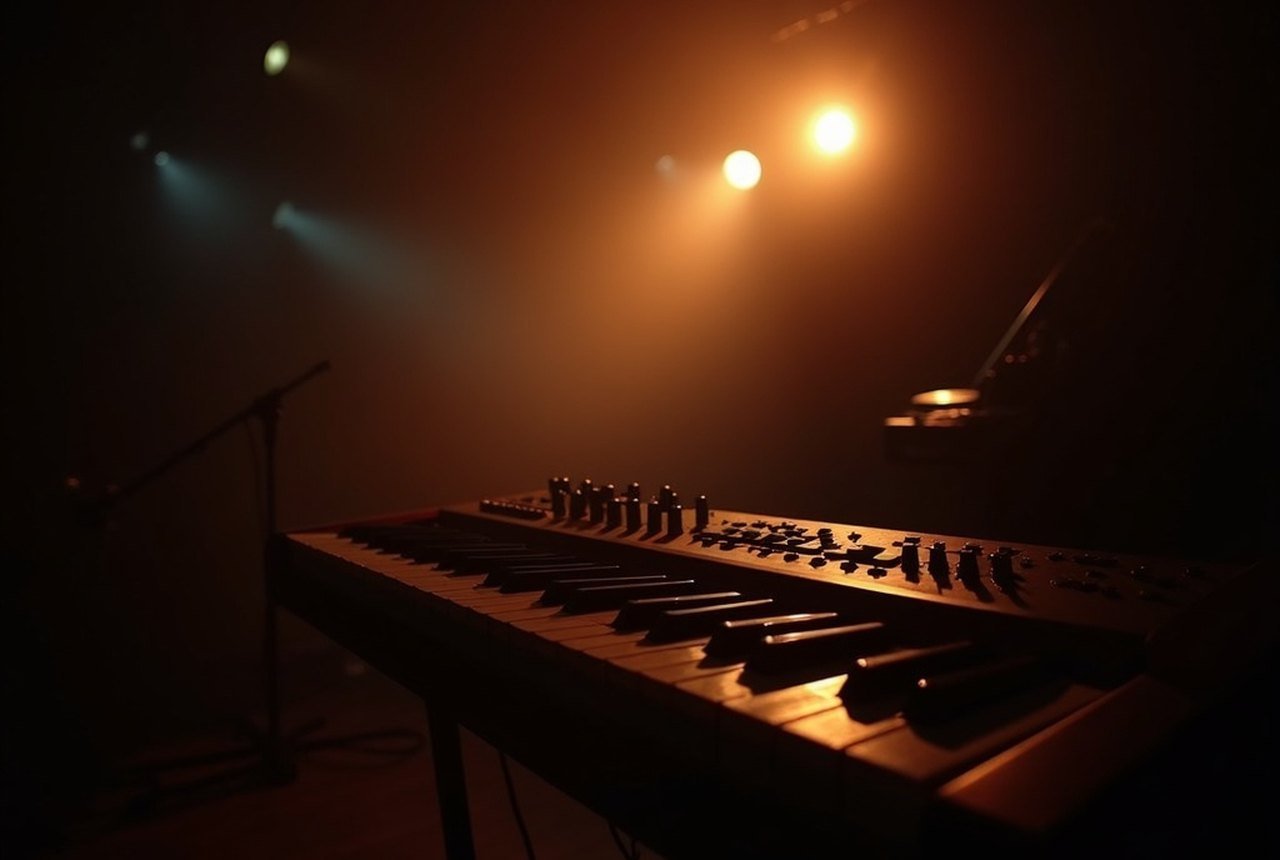 A keyboard rig under low stage light, keys catching an amber glow, no person