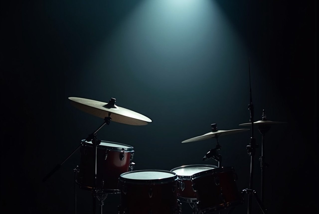 A drum kit lit from the side on a dark stage, cymbals glinting, no person