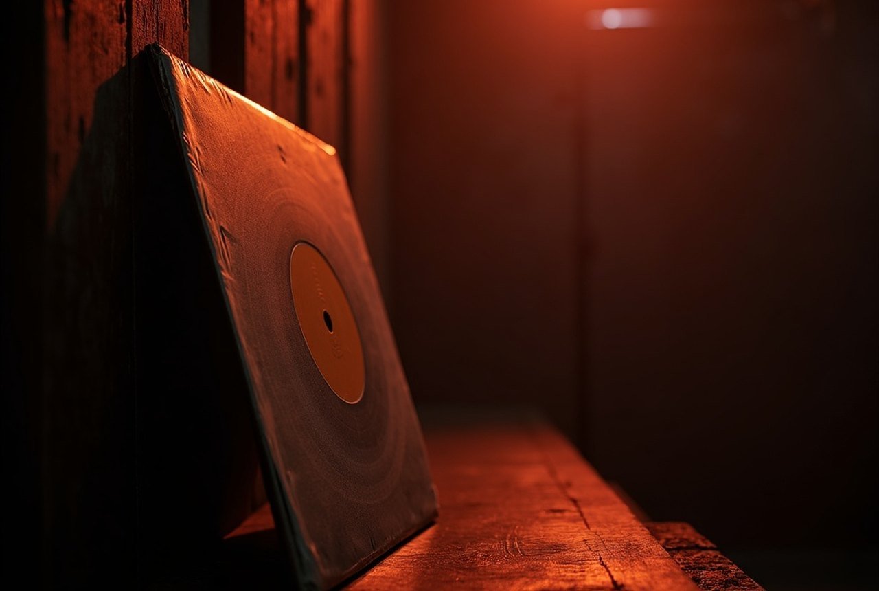 A worn vinyl record sleeve leaning against a warm-lit wall