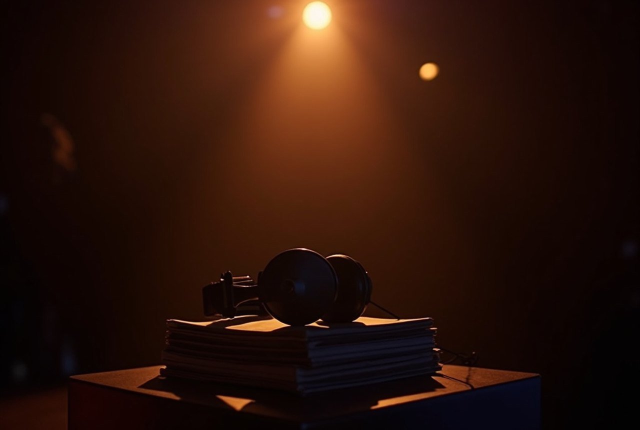 A pair of headphones resting on a stack of records in warm low light