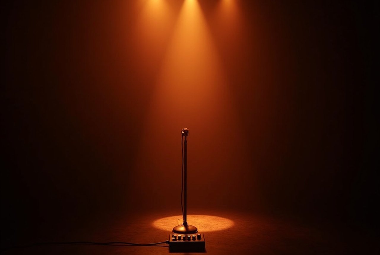 A darkened club stage with a loop pedal glowing and a microphone in a pool of amber light