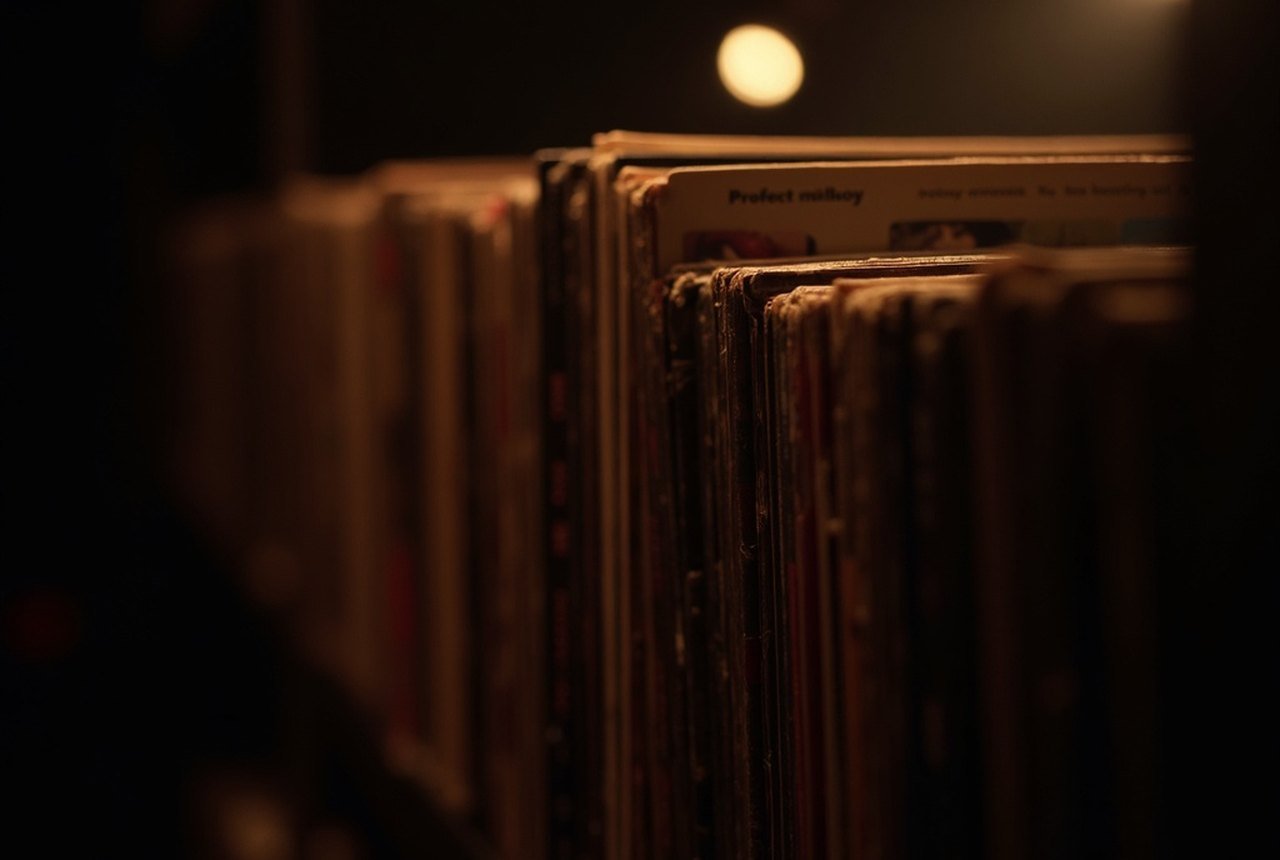 A row of vinyl record spines in a dim shelf, warm light grazing the edges