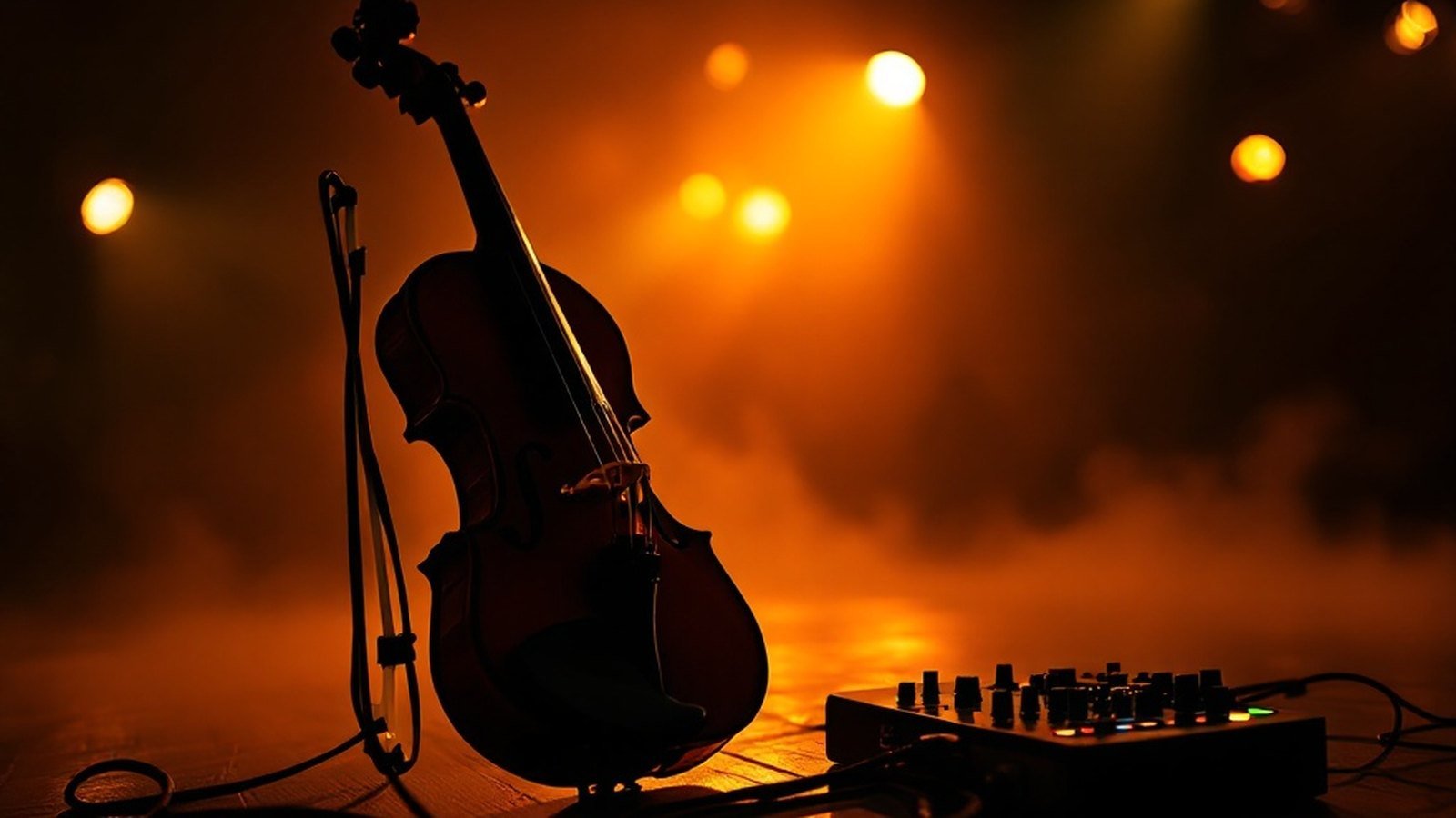 An electric violin with its pickup and effects pedals in close focus, amber light, haze behind