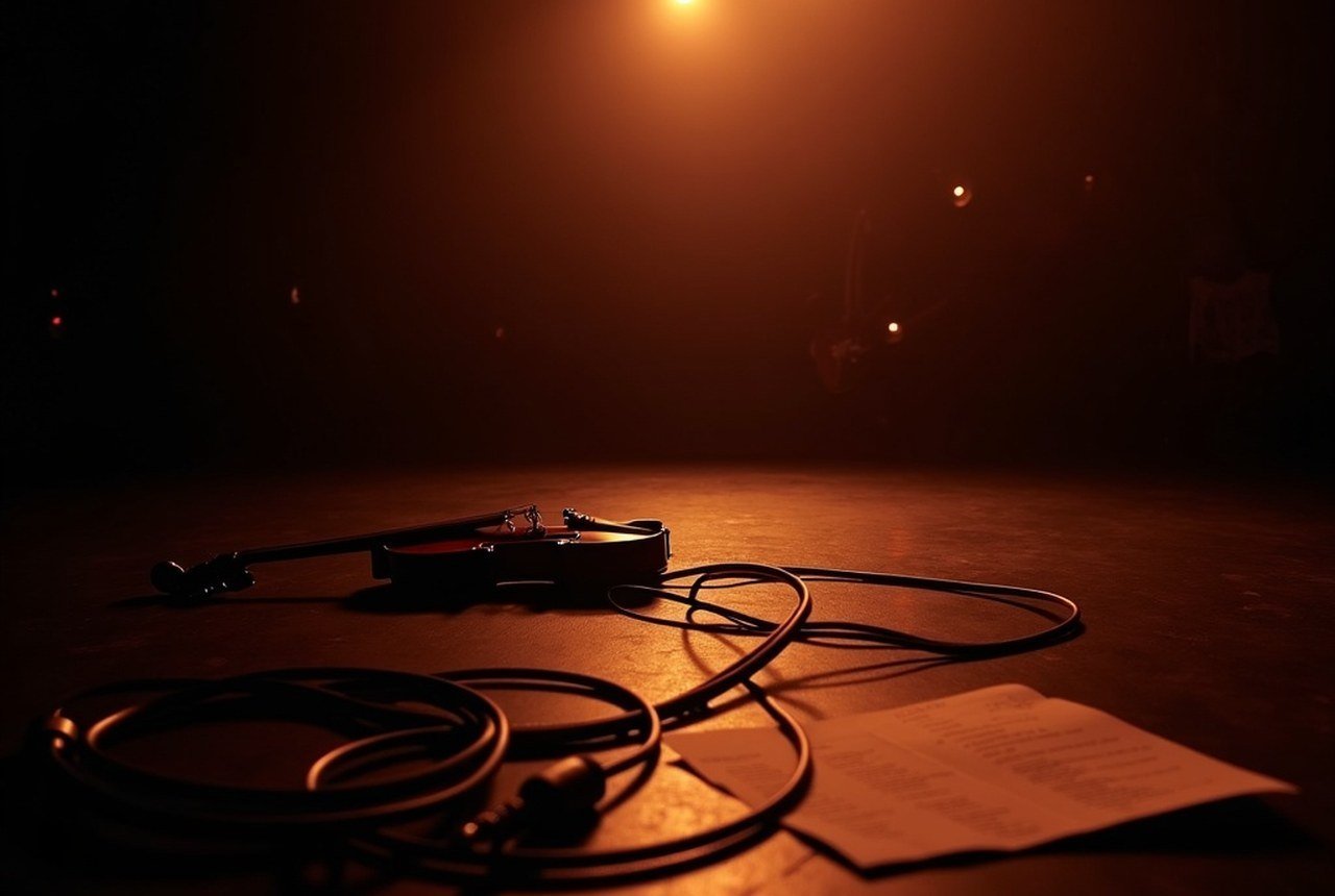 Coiled instrument cables and a taped set list on a dim stage floor, warm light