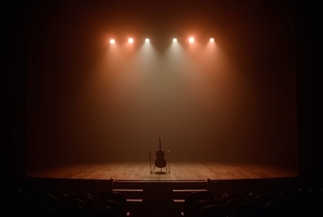 An empty, warmly-lit small theatre stage seen from the wings