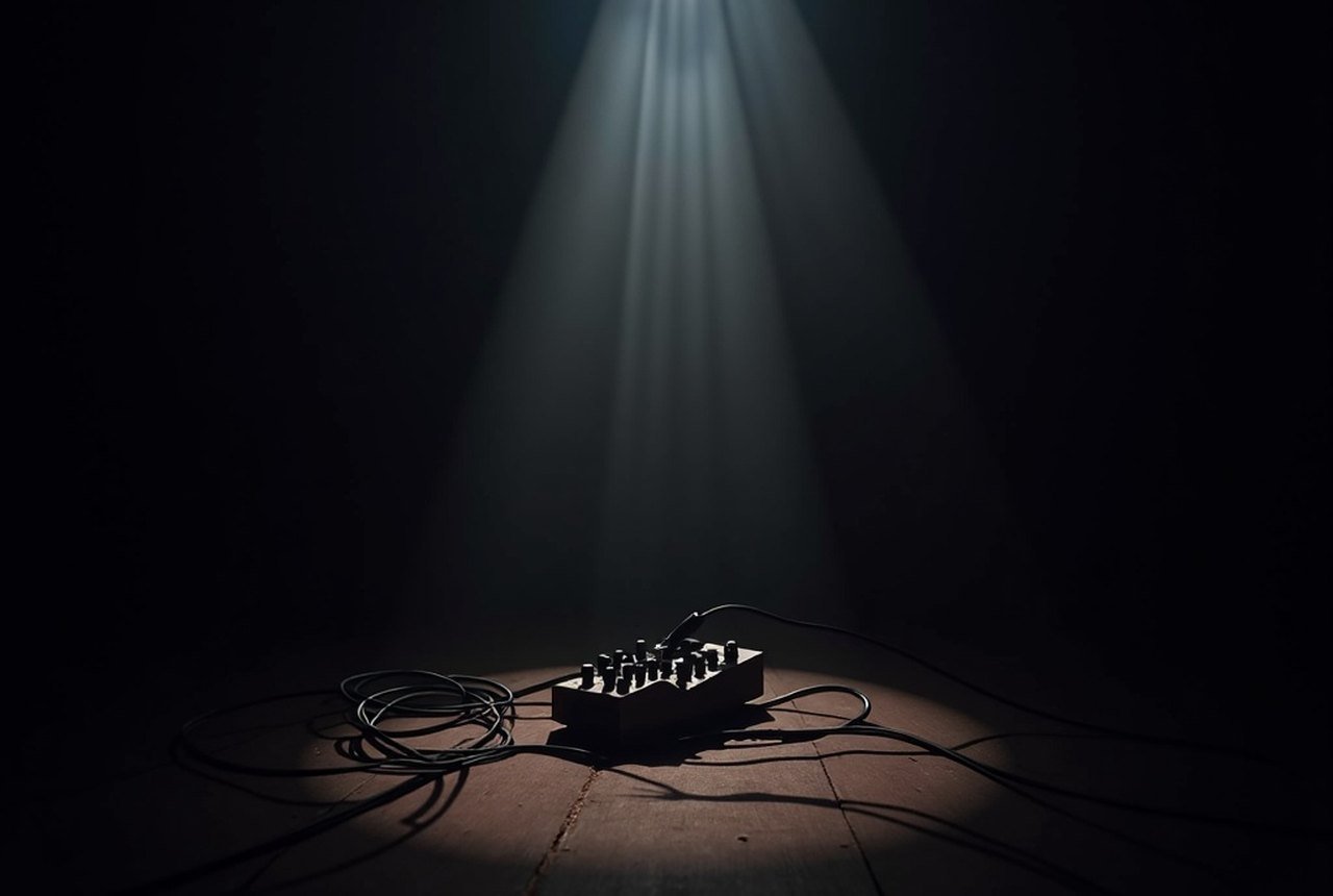 A loop pedal and coiled cables glowing on a dark stage floor