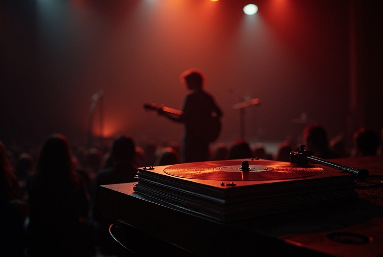 Stack of vinyl records beside a turntable in warm, low light