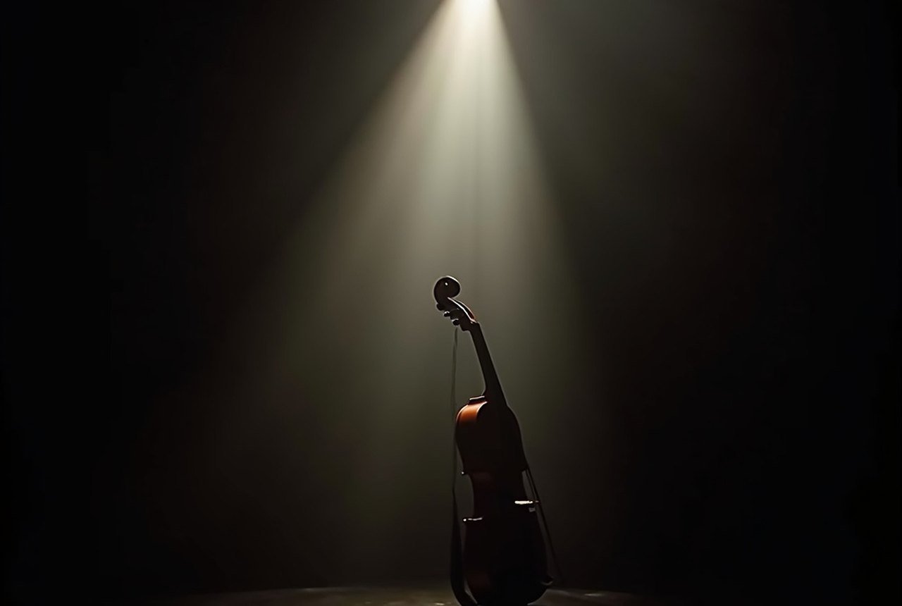 An electric violin under a narrow spotlight, haze drifting through the beam
