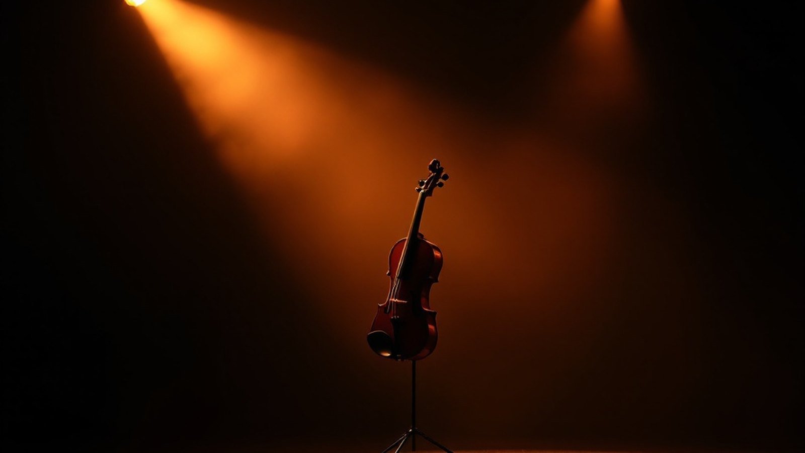 An electric violin resting on a stand inside a single warm spotlight — no person present