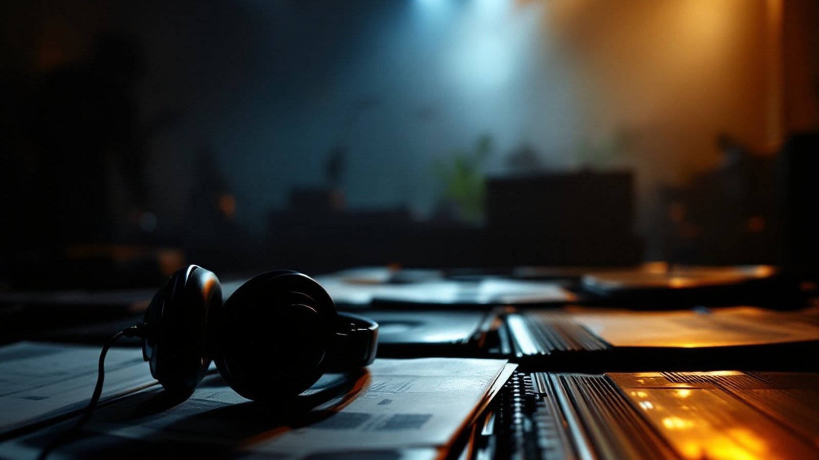 A dim listening room with headphones resting on a stack of records, warm low light