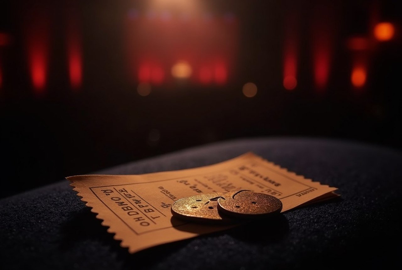 A concert ticket stub and an enamel pin resting on dark felt in warm light