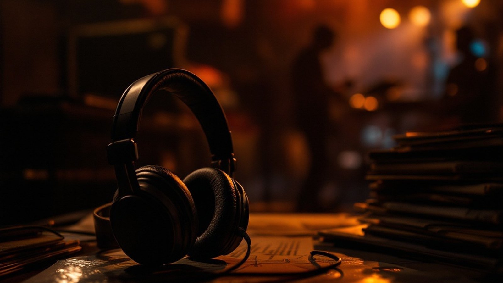 A dim listening room with headphones resting on a stack of records, warm low light