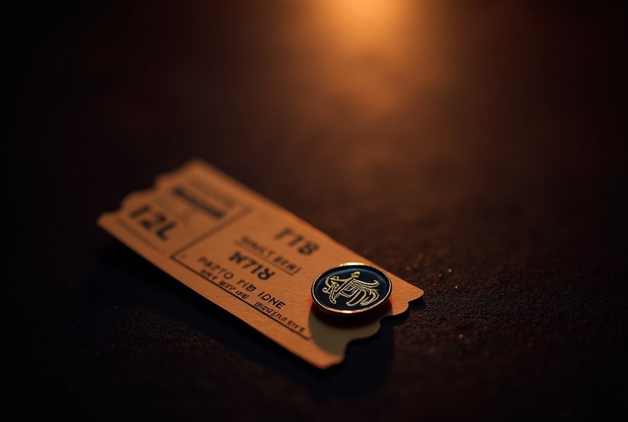 A concert ticket stub and an enamel pin resting on dark felt in warm light